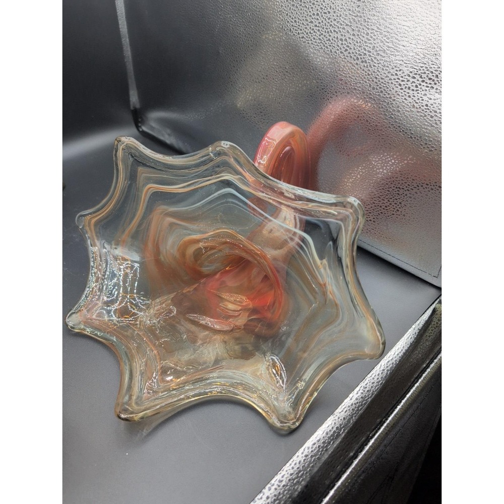 Vtg. large Sooner Art Hand Blown Glass Lotus Cornucopia Orange Vase